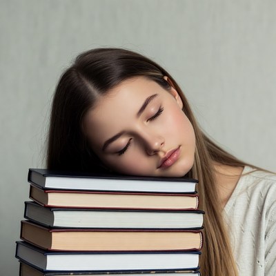 Girl sleeping on stack of books