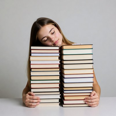 Girl hugging stacks of books