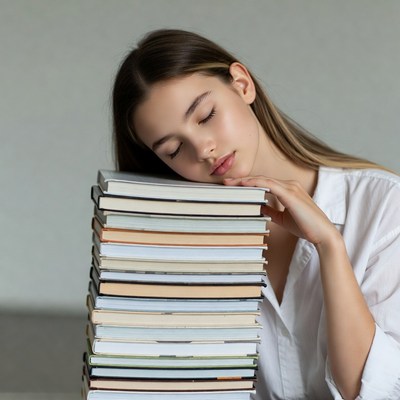 Woman sleeping on stack of books