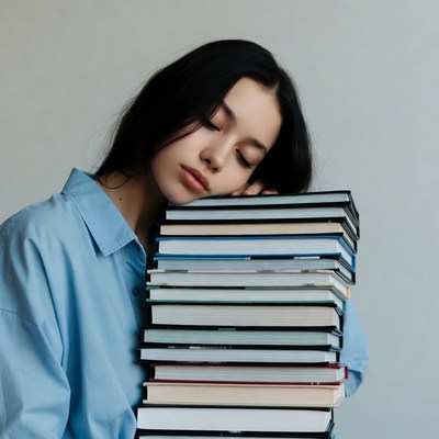 Asian woman sleeping on stack of books