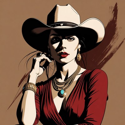 Cowgirl in red dress and cowboy hat