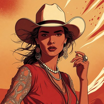 Cowgirl in red lace dress with hat