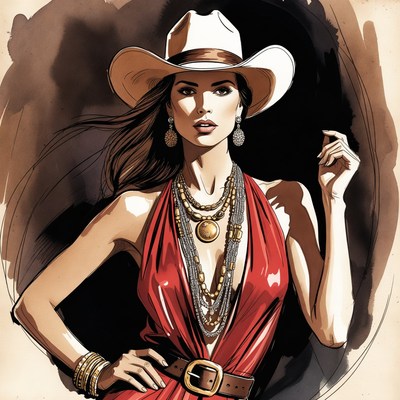 Beautiful woman in red dress and cowboy hat