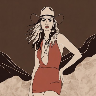 Cowgirl in red dress and cowboy hat