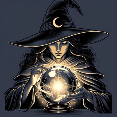 Witch gazing into glowing crystal ball