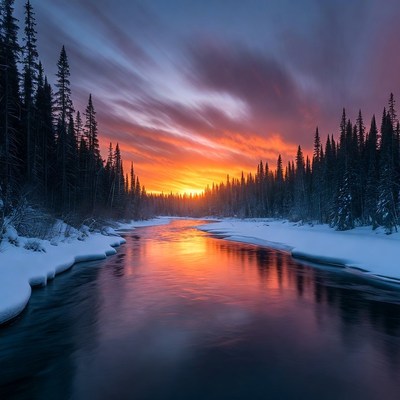 Sunset over snowy river in pine forest