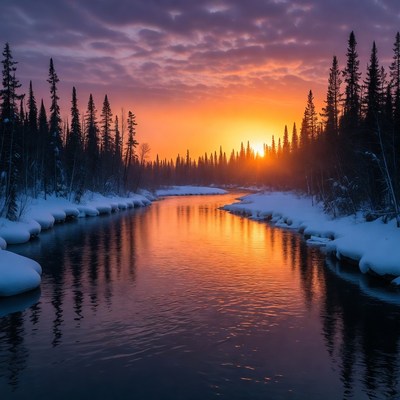 Sunset over snowy river with pine trees