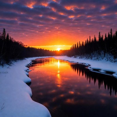 Sunset over snowy river