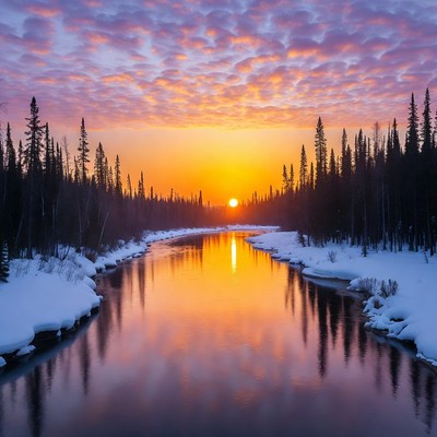 Sunrise over snowy river with pine trees