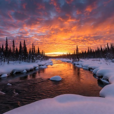 Winter River Sunset with Snowy Trees