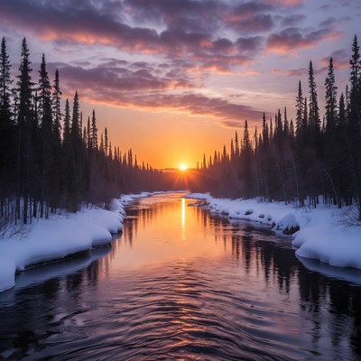 Sunset over snowy river with pine trees