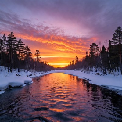 Winter River Sunset with Snowy Pine Forest