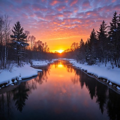 Winter River Sunset with Snowy Trees