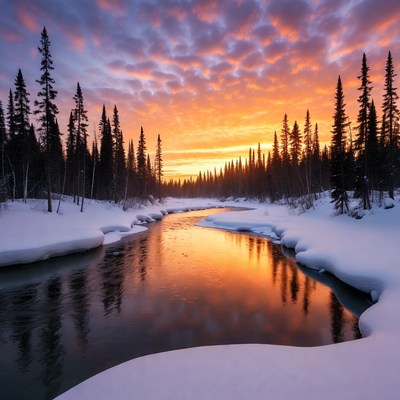Winter River Sunset with Snowy Trees