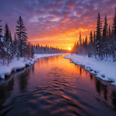 Winter River Sunset with Snowy Trees