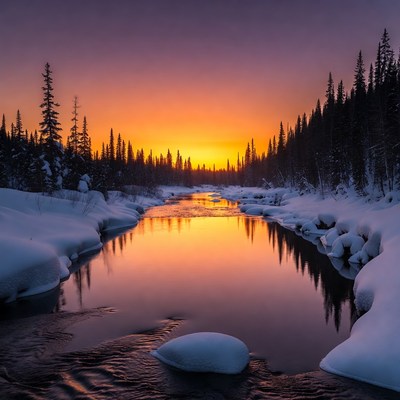 Sunset over snowy river in forest