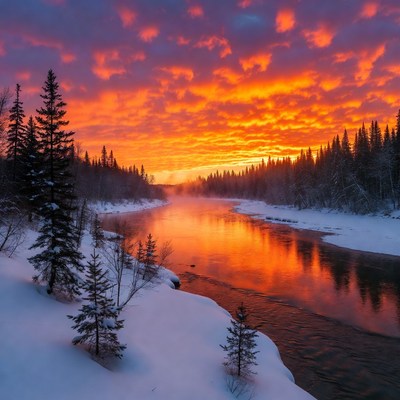 Winter River Sunset with Snowy Trees