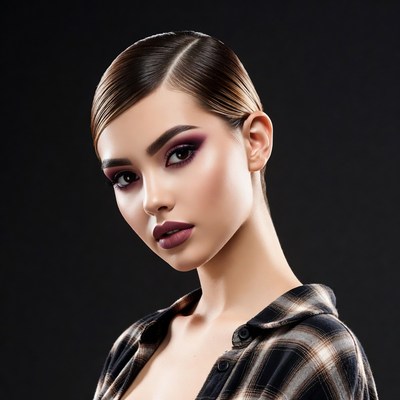 Woman with slicked-back hair and purple makeup