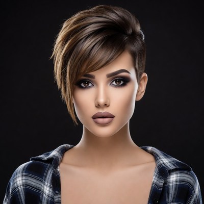 Woman with short layered brown haircut