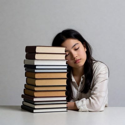 Asian girl sleeping on stack of books