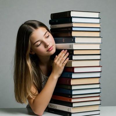 Girl hugging tall stack of books