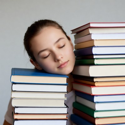 Girl sleeping on stack of books