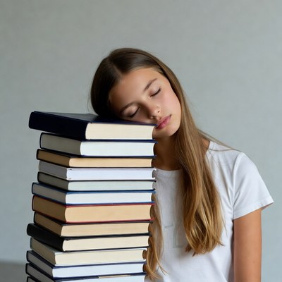 Girl sleeping on stack of books