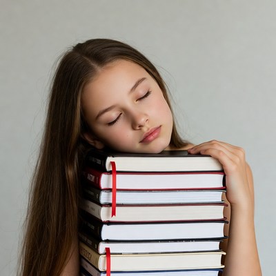 Girl hugging stack of books