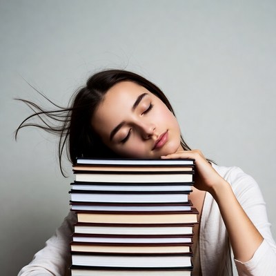 Woman sleeping on stack of books