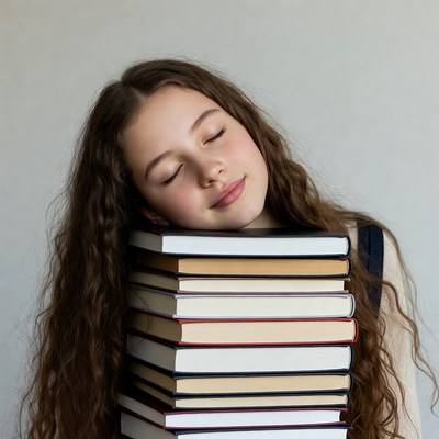 Girl hugging stack of books