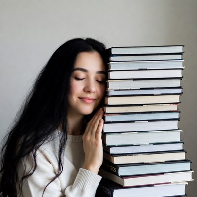 Woman hugging stack of books