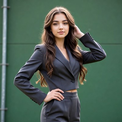 Woman in gray blazer suit posing