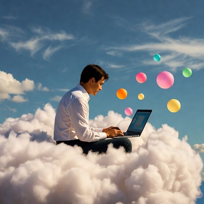 Man working on laptop on clouds