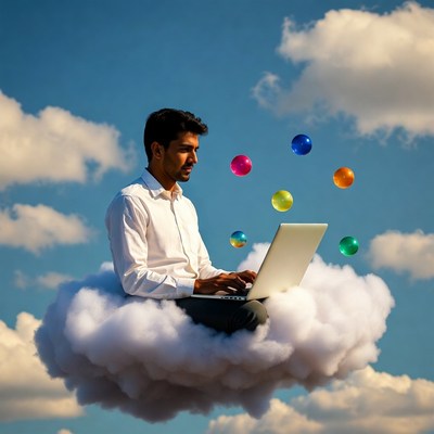Man working on laptop on cloud