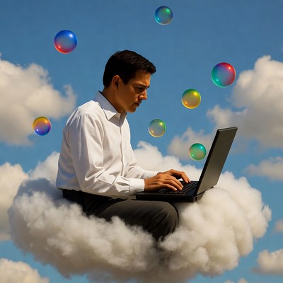 Man working on laptop on cloud