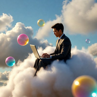 Asian man working on laptop on clouds