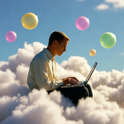 Man working on laptop on clouds