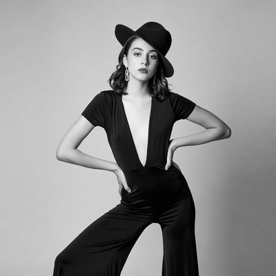 Woman in black jumpsuit and fedora hat