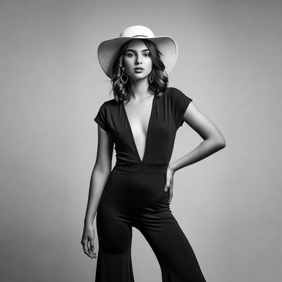 Woman in black jumpsuit and wide-brim hat