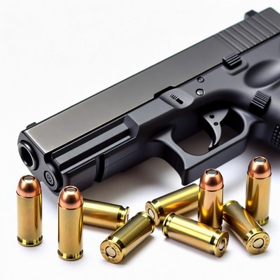 Black handgun with golden bullets