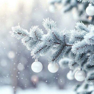Frosty Christmas Tree Branches with Ornaments