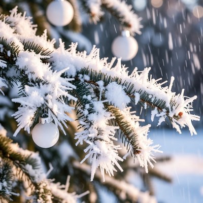 Snowy Christmas Tree with White Ornaments
