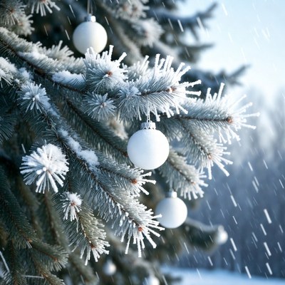 Snowy Christmas Tree with White Ornaments