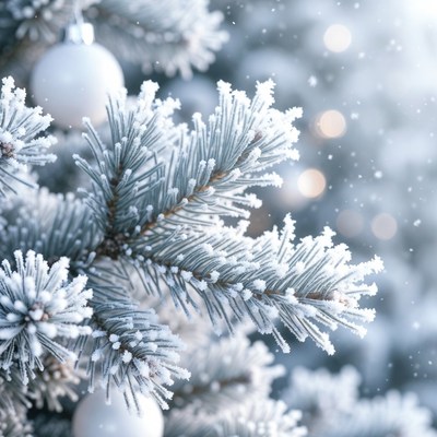 Snowy Christmas Tree with White Ornaments