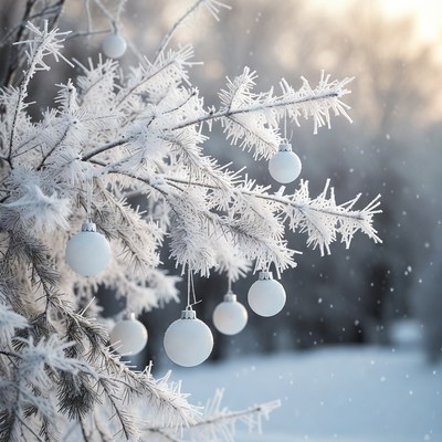 Frosty Christmas tree with white ornaments
