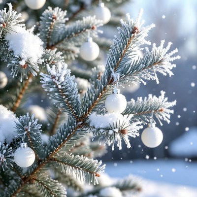 Snowy Christmas Tree with White Ornaments