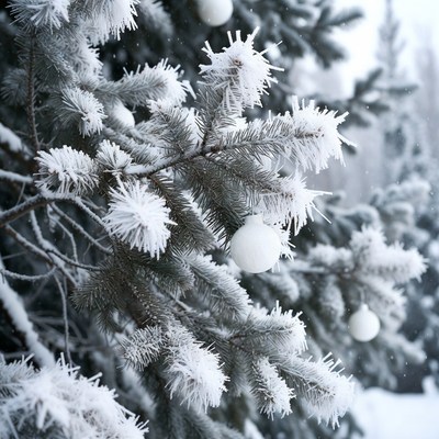 Snow-covered Christmas tree with ornaments