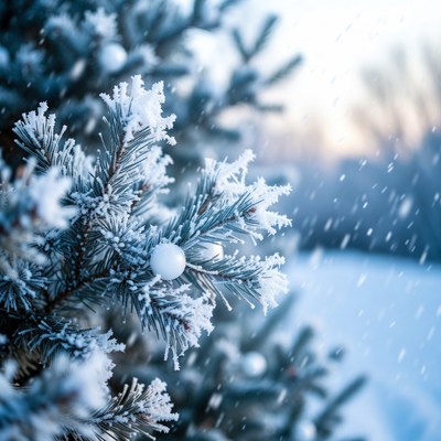 Snowy Pine Branches in Falling Snow