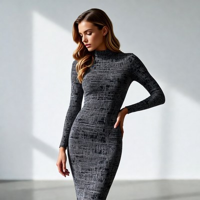 Woman in textured black turtleneck dress