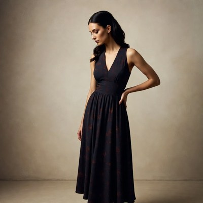 Brunette woman in black dress posing